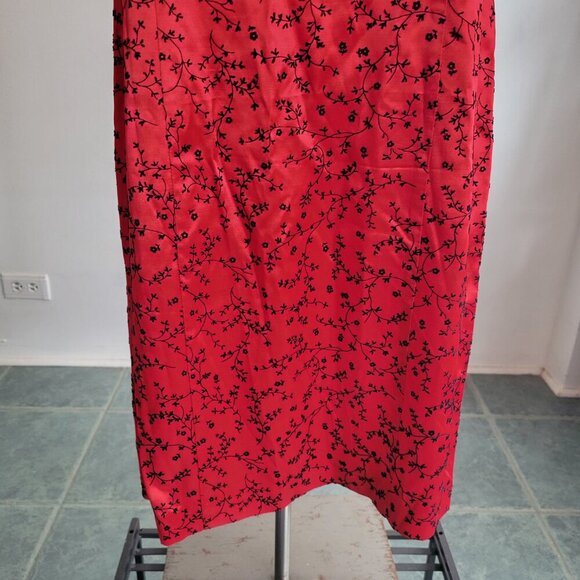 Dani Max 1990s Red Satin Chinese Flowers Flocked Velvet Slip Dress (Size: 8) - Picture 6 of 12